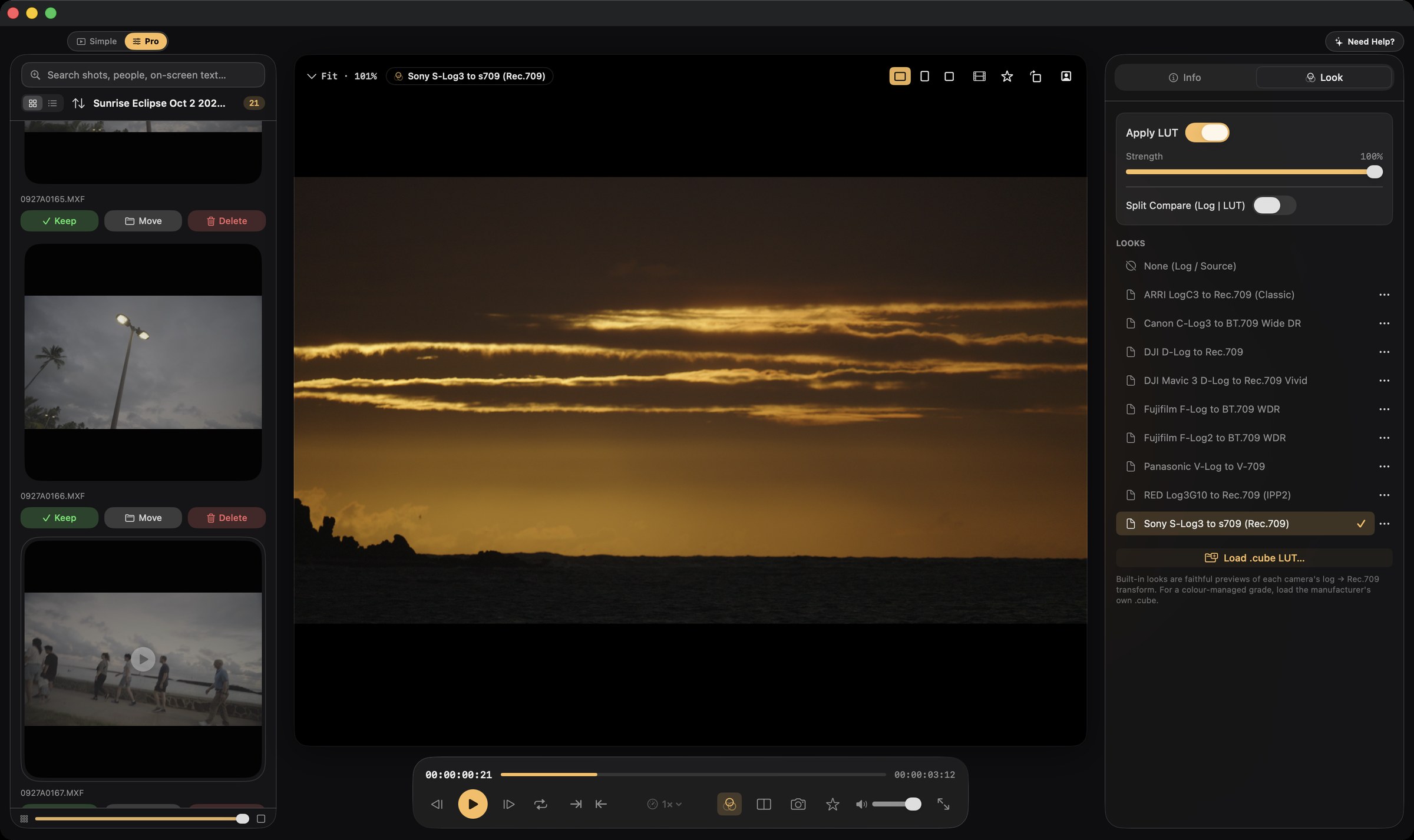 The Cinebrowser app playing a golden sunrise — footage panel, LUT panel and scrubber around the frame