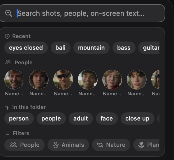 The People panel — faces found in the footage, ready to name
