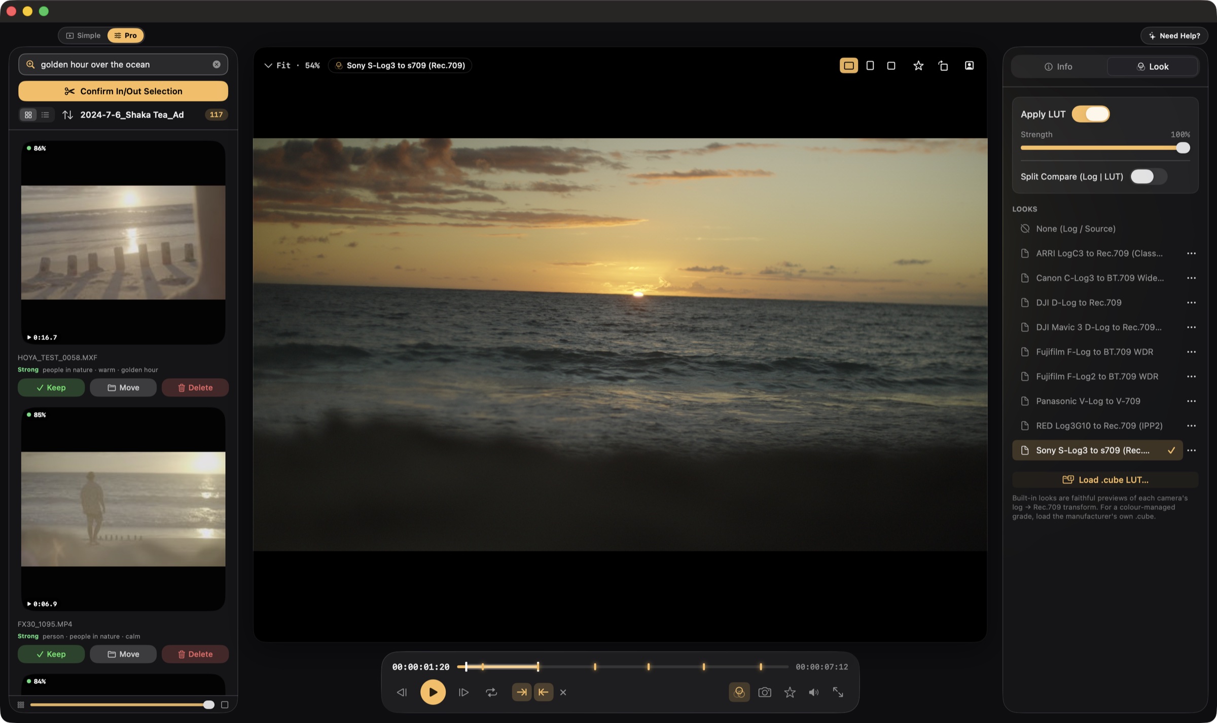 Searching 'golden hour over the ocean' — results ranked by match, mixing MXF and MP4, each on its matching frame