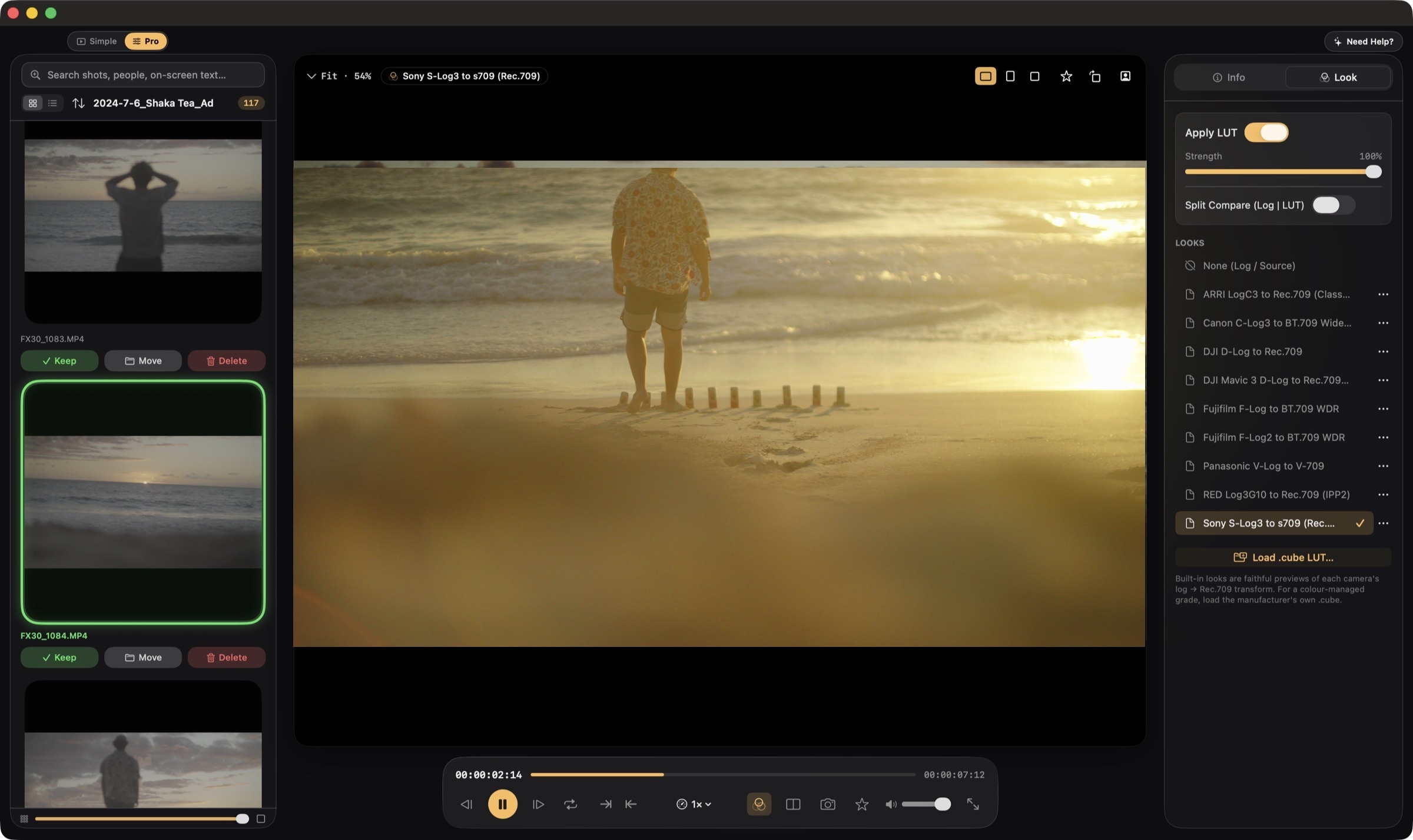 Cinebrowser playing Sony FX30 footage graded with the S-Log3 look — the folder browser on the left, the camera LUT list on the right