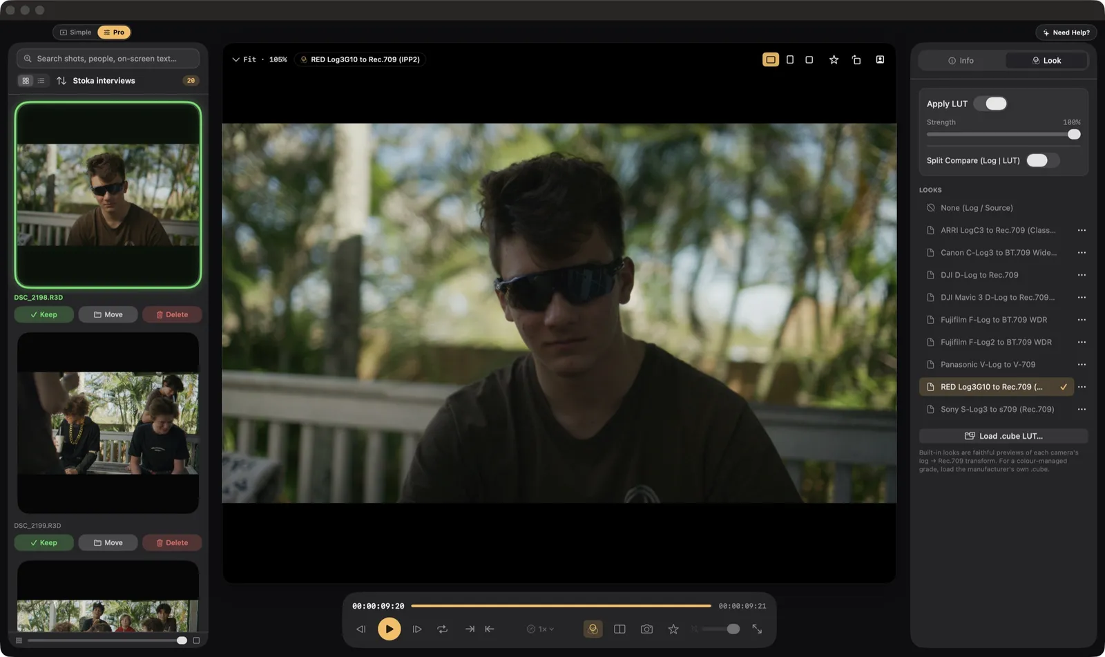 The info panel open on a RED R3D clip