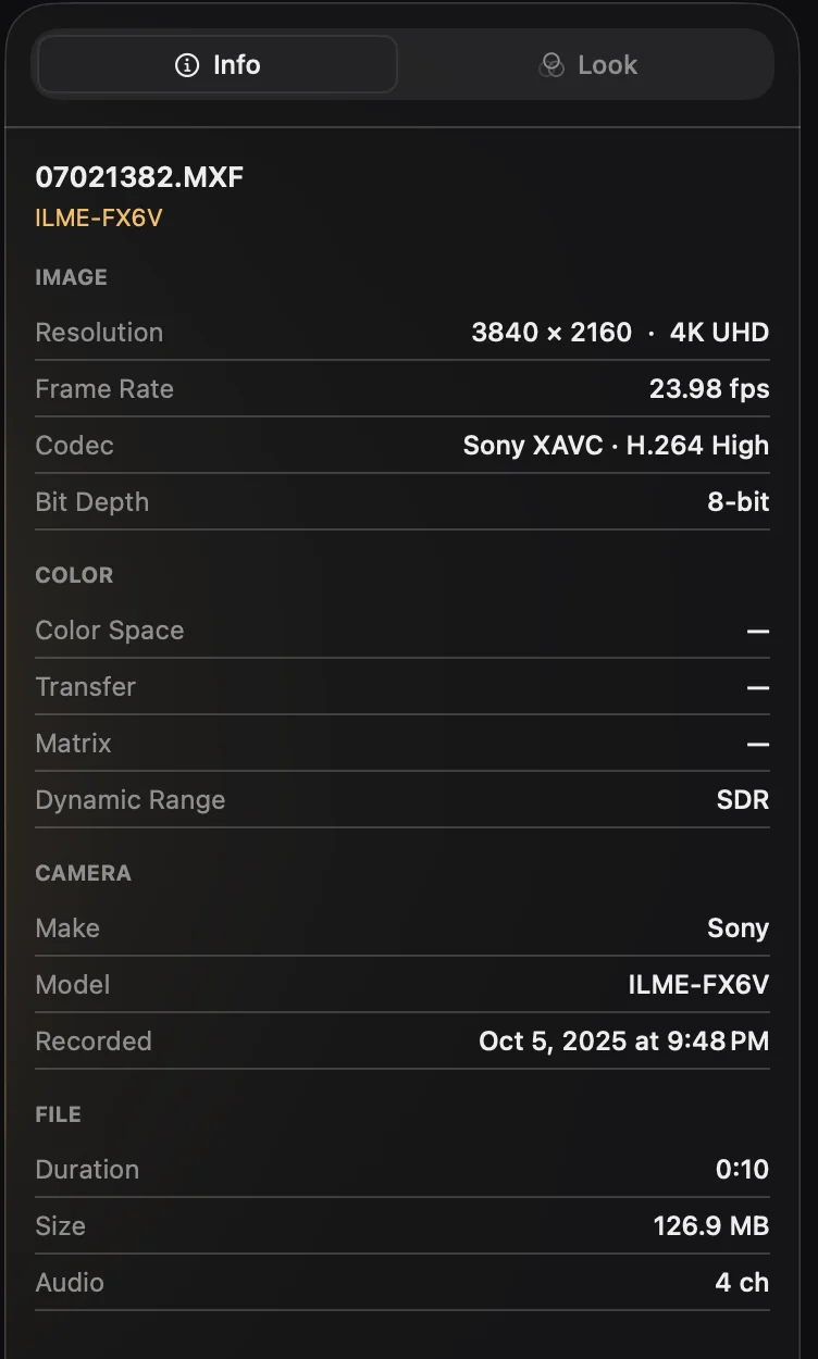 The info panel showing resolution, frame rate, codec and camera for a Sony MXF clip