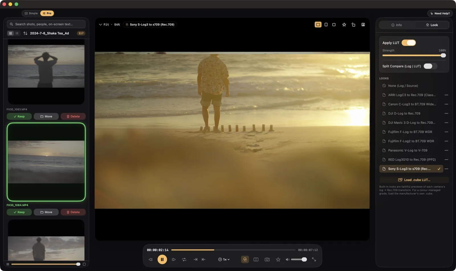 The player with the LUT panel open