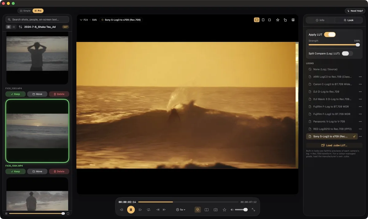 The player with the LUT panel open