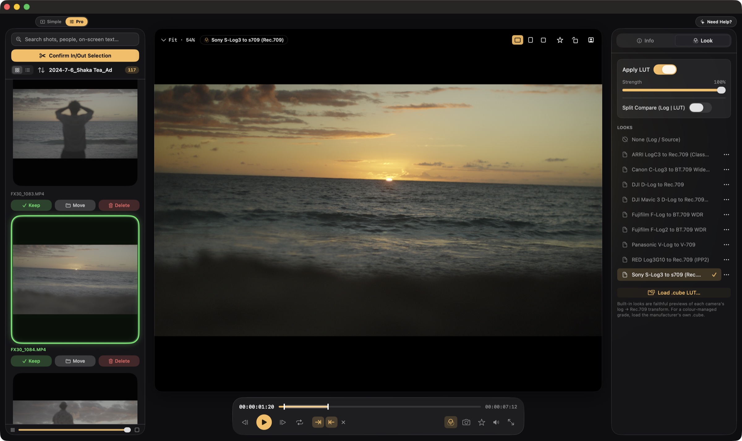 In and out points marked on a Sony FX30 sunset clip, with the Confirm In/Out Selection button ready